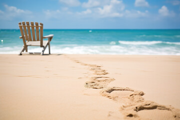 Footprints on wet sand leading to a lounge chair facing the ocean