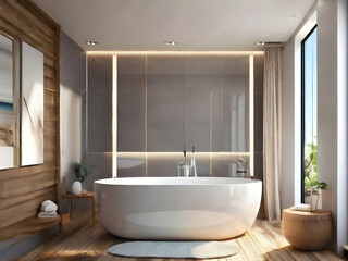 Naklejka na ściany i meble Realistic coastal bathroom with beautiful sunlight.