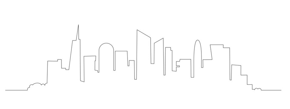 City landscape continuous one line. Single line cityscape. Downtown landscape with skyscrapers. Architectural panorama. Hand drawn scketch with urban silhouettes, city, skyscraper, building. Vector