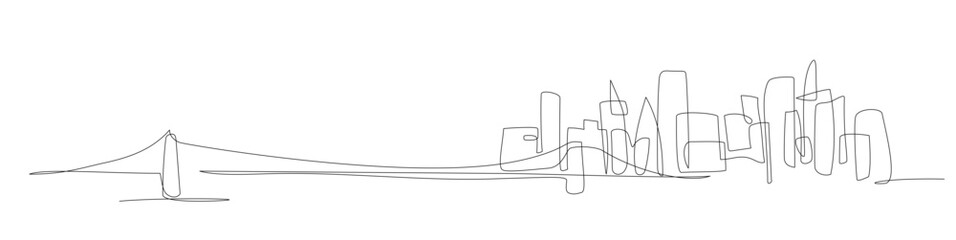 City landscape continuous one line panorama of NY. Single line cityscape. Downtown New York landscape with skyscrapers. Architectural panorama. Hand drawn scketch with silhouettes, city, skyscraper