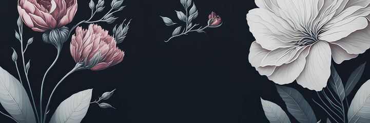 Template for invatation with white flowers and dark background. AI