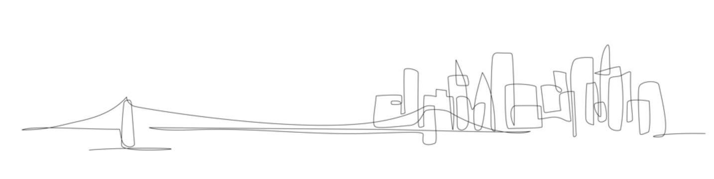 City landscape continuous one line panorama of NY. Single line cityscape. Downtown New York landscape with skyscrapers. Architectural panorama. Hand drawn scketch with silhouettes, city, skyscraper
