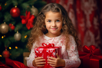 Little Girl Holding a Gift Box Near Christmas Tree