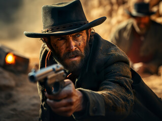 Gunslinger in a tense showdown, taking careful aim with his revolver during a high-stakes duel in the Old West. Sheriff taking aim with his revolver in a tense gunfight scene.