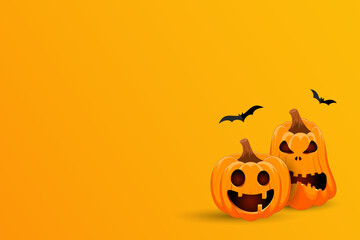 Halloween pumpkins on a yellow-orange banner. Main symbol of the Happy Halloween holiday. Minimalism style greeting card Happy Halloween.