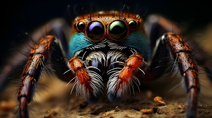 Cute black jumping spider, close up macro view, macro animal photography