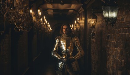 Fototapeta na wymiar Medieval knight wearing iron armor in an ancient castle, ai art