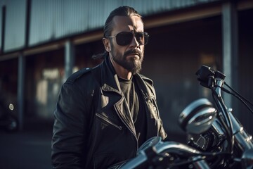 Brutal biker with long hair wearing a leather jacket and sunglasses, ai art