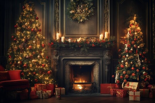 Indoor Christmas and presents in the dark at night. Magical glowing tree, fireplace, Christmas material, Christmas card cover
