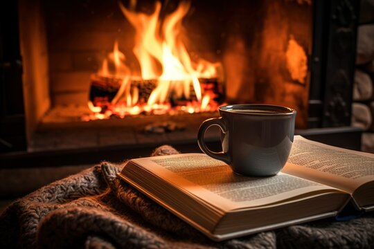 A Cup And A Book By The Fireplace Winter Concept, Winter Theme Wallpaper, Winter Theme Material With Blank Space, Winter Sale Background