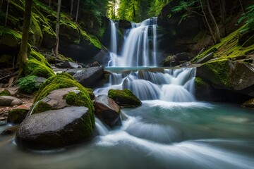 Waterfall on mountain river in the forest
