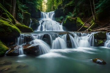 Fototapeta premium Waterfall on mountain river in the forest 