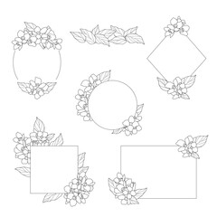 Doodle border with flower leaves. Set of frames for wedding greeting cards designs. Square, rectangular framing for text. Hand drawn vector illustration.