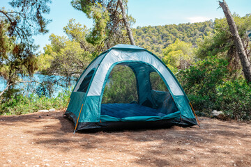 camping tent in the forest - obrazy, fototapety, plakaty