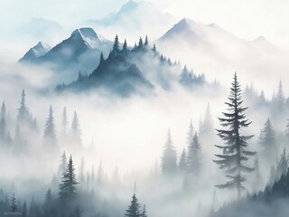 Ai Generative Photo realistic illustration of mountains forest fog morning mystic, realistic, watercolor