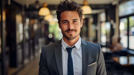 Office Elegance: Smiling Young Man in Suit Poses in His Workspace
