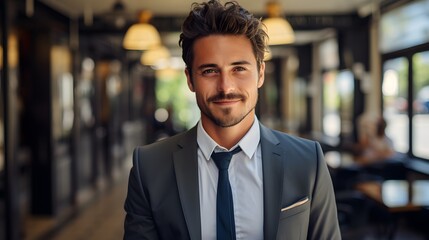 Fototapeta premium Office Elegance: Smiling Young Man in Suit Poses in His Workspace