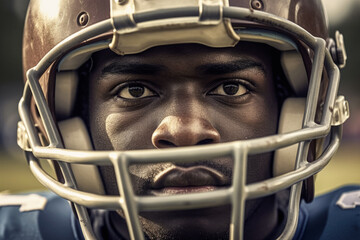 Young black African man in rugby helmet, closeup American football player portrait. Generative AI