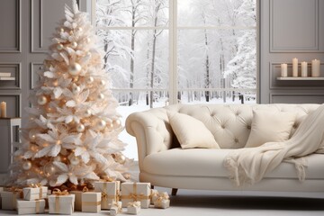 Close-up of Christmas presents in wrapping paper are on the floor under the Christmas tree. Christmas tree with gifts in a white interior and snow-covered trees outside the large window