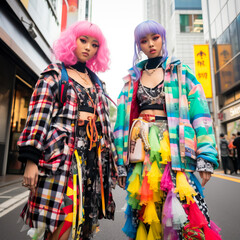 Girls dressed as anime characters pose at a cosplay gathering in Japan. Shallow field of view. - obrazy, fototapety, plakaty