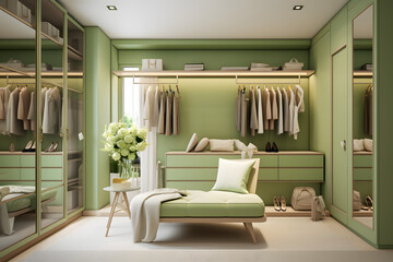 Minimalist dressing room with beautiful and elegant light green color. Generative AI