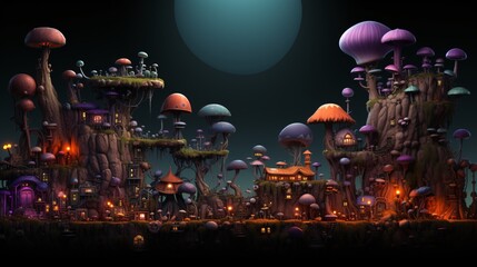 Generative AI. Game landscape in purple with mushrooms