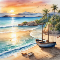 Dusk's Peaceful Charm: Majestic Sunset and Sailing Boat Grace a Stunning Beachscape
