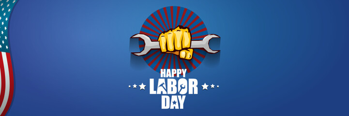 labor day Usa vector label or horizontal background. vector happy labor day poster or horizontal banner with clenched fist isolated on usa flag background . Labor union icon