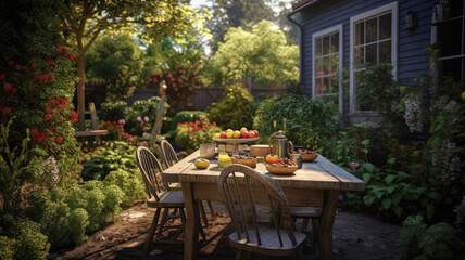 Fototapeta na wymiar Dining table with place setting in backyard greenhouse. Empty back yard