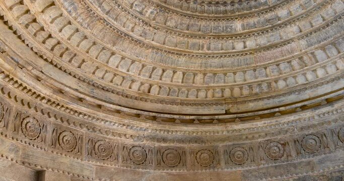 Historic Jain temple detail ceiling architecture in Ranakpur, Rajasthan, India. Built in 1496.