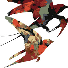 The combination of the birds' effortless flight and the intricate floral embellishments results in a scene that embodies both the beauty of nature and the imaginative touch of human creativity.