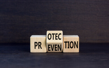 Protection and prevention symbol. Concept word Protection Prevention on wooden cubes. Beautiful grey table grey background. Business protection prevention concept. Copy space.