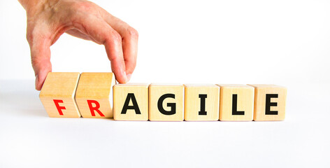 Agile or fragile symbol. Concept words Agile and Fragile on wooden cubes. Beautiful white table white background. Businessman hand. Business agile and fragile concept. Copy space.