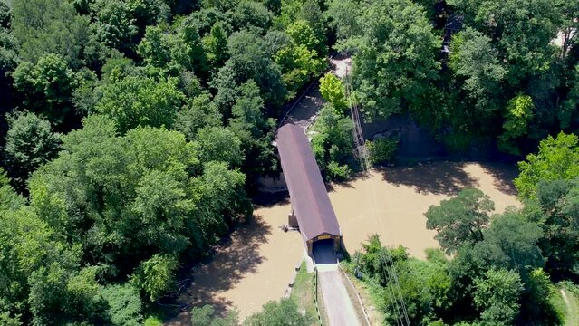 Aerial view of Creek road covered bridge in Ashtabula county, Ohio state