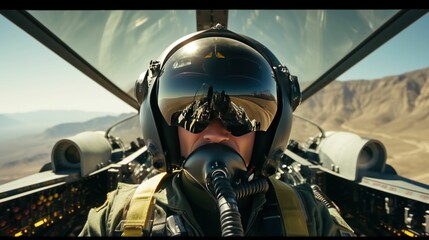 Fighter jet pilot in a helmet in a cockpit
