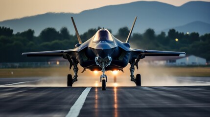 F 35 fighter jet with blue ion propulsion taking off - obrazy, fototapety, plakaty