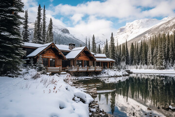 lodge near emerald lake in winter. High quality illustration