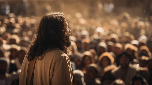 Jesus Christ preacher preaching to the crowd in the street. View from the back