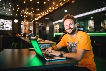 Pleased man in his 30s that is coding on a laptop wearing a tech-themed t-shirt against a vibrant co-working space background. Generative AI