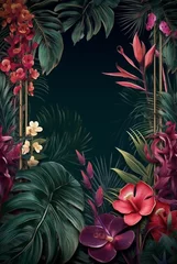  Frame mockup with Tropical leaves and flowers. Generative ai © Irina Bort