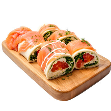 Sweet and Savoury Salmon Roll Wrap on a wooden plate with an isolated transparent background.