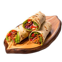 Cajun Craze Roll Wrap on a wooden plate with an isolated transparent background.