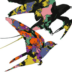 The combination of the birds' effortless flight and the intricate floral embellishments results in a scene that embodies both the beauty of nature and the imaginative touch of human creativity.
