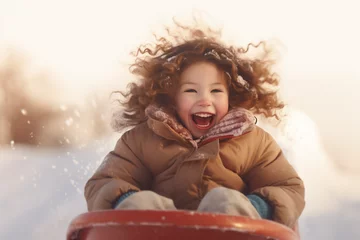 Foto op Canvas little girl riding on snow slides illustration. High quality photo © Starmarpro