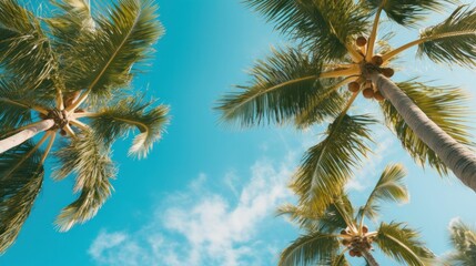 Fototapeta na wymiar Blue sky and palm trees view from below