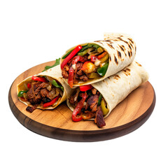 The Fiesta Fajita Roll Wrap on a wooden plate with an isolated transparent background.