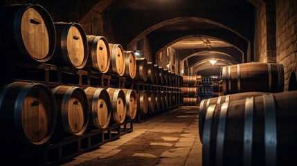Vintage barrels and casks in an old cellar in Spanish winery - obrazy, fototapety, plakaty