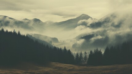 Forest mountains landscape with mist in the morning