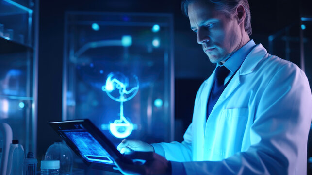 Medicine doctor touching electronic medical record on tablet. Generative AI