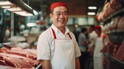 Happy asian man butcher shop owner